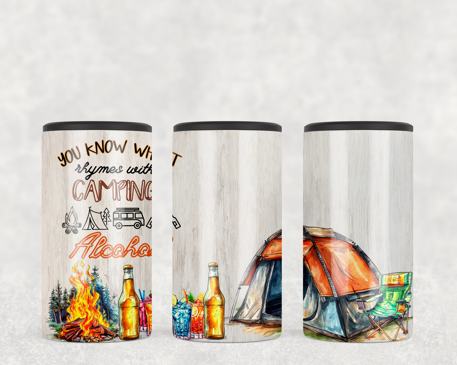 Camping tent design. Camping rhymes with alcohol 4-in-1 slim can cooler