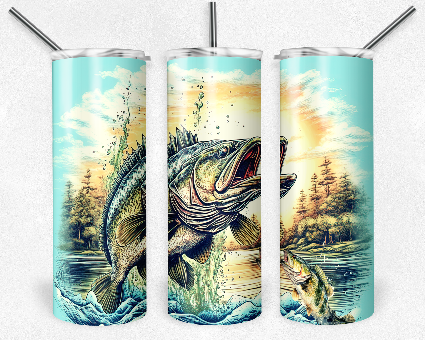 Fish hunting 20 oz. skinny tumbler. Has two fishes jumping from the water with the sky and trees in the background.