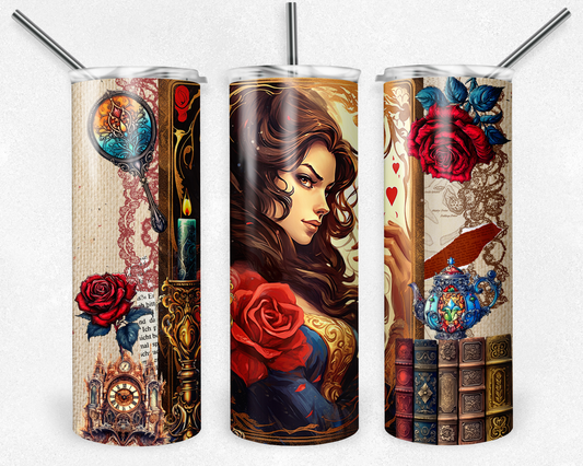 Princess beauty 20 oz. skinny tumbler. Image includes red roses, books, and mirror. - Mayan Sub Shop