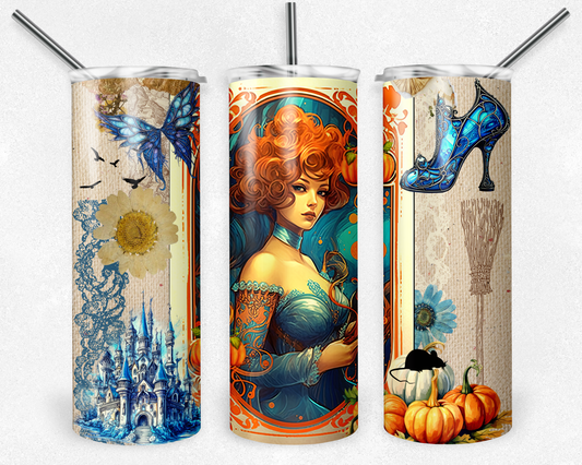 Princess in blue 20 oz. skinny tumbler. Image has a glass slipper, blue castle, and blue butterfly. - Mayan Sub Shop