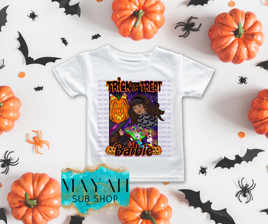 Trick or treat, medium skin, white kids shirt. -Mayan Sub Shop