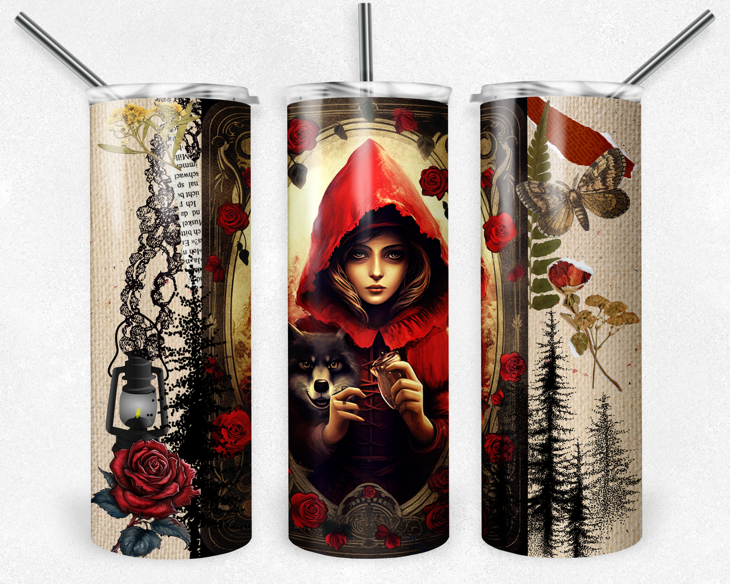 Girl in the woods 20 oz. skinny tumbler. Image includes lamp, rose, wolf, and woods. - Mayan Sub Shop