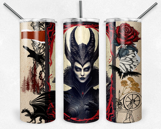 Evil fairy 20 oz. skinny tumbler. Image also includes dragon, crow, spin wheel, and a rose. - Mayan Sub Shop 