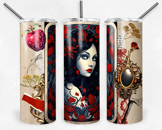 Princess in red 20 oz. skinny tumbler. Image also includes a mirror and a red apple. - Mayan Sub Shop
