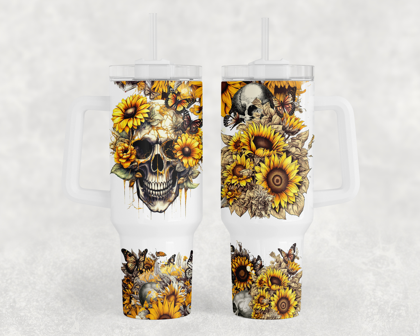 Sunflower skulls tumbler with handle - Mayan Sub Shop