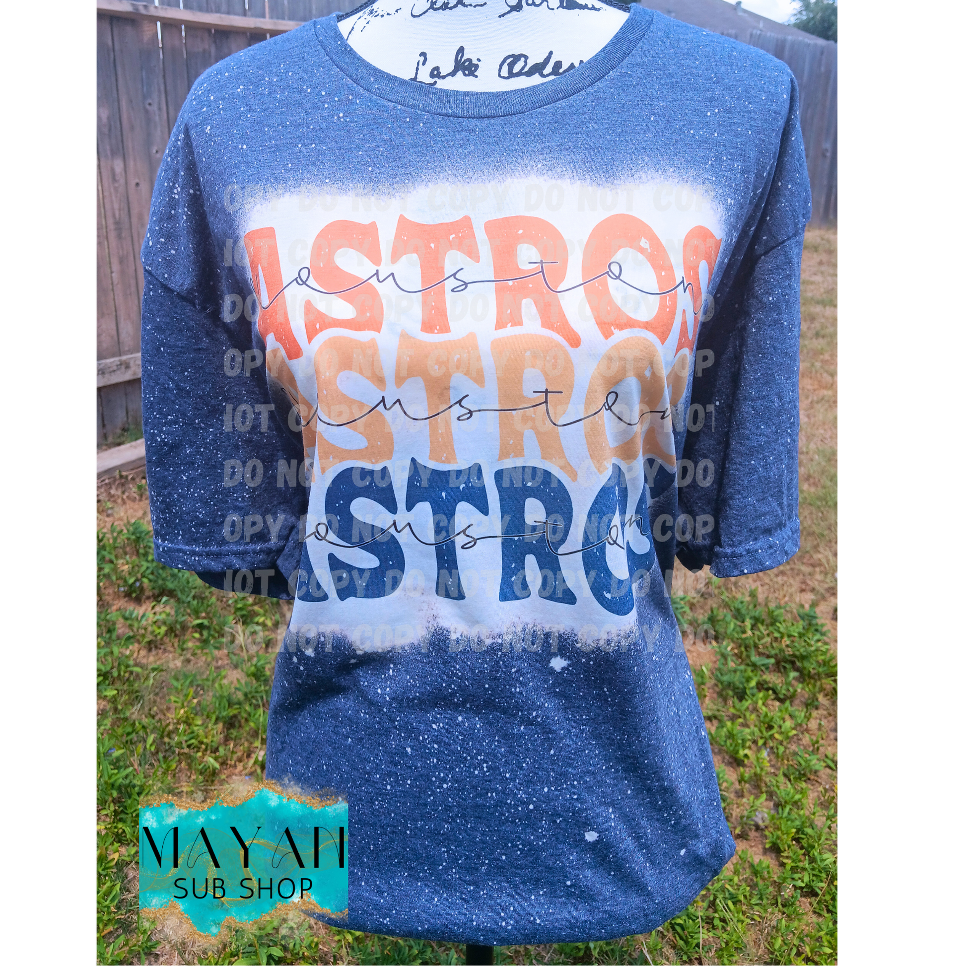 Astros stacked in heather navy bleached shirt. -Mayan Sub Shop