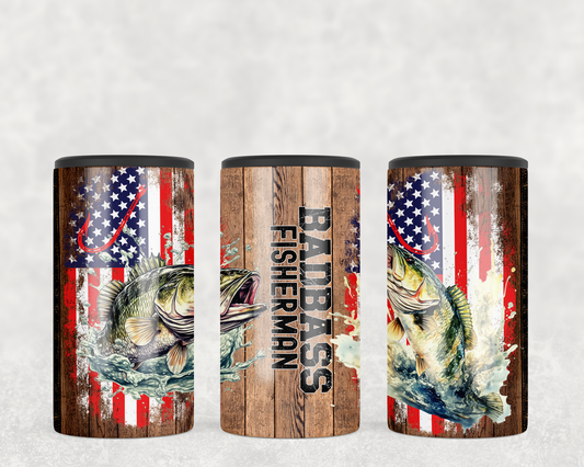 Badass fisherman 4-in-1 12 0z. can cooler with fish and us flag on wood background design.
