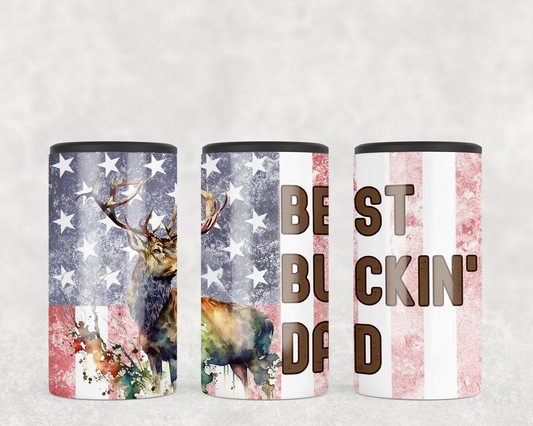 Best buckin' dad 4-in-1 12 oz. slim can cooler with a buck and us flag in design.