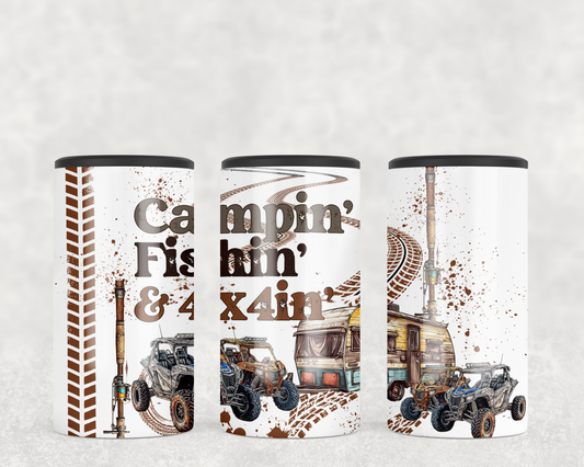 Campin' fishin' and 4x4in' 12 oz. 4-in-1 slim can cooler with 4x4s, camp trailer, and fishing rods.