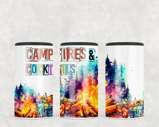 Campfires and cocktails 12 oz. 4-in-1 slim can cooler with fire logs burning in the middle of the woods and cocktails on the side.
