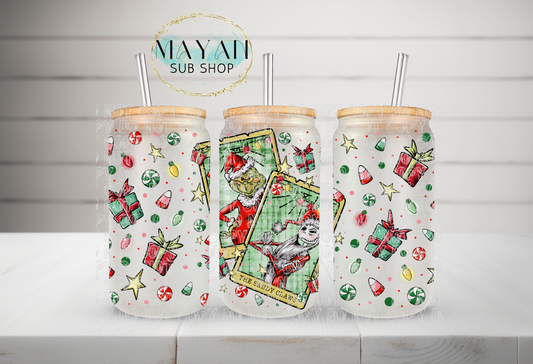 Christmas Santa's tarot cards 16 oz. frosted glass can. -Mayan Sub Shop