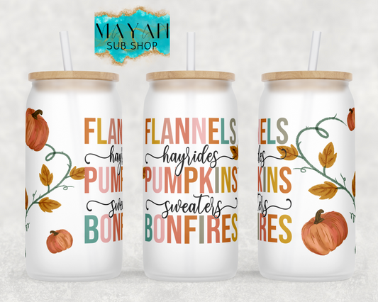 Fall things 16 oz. frosted glass can. -Mayan Sub Shop