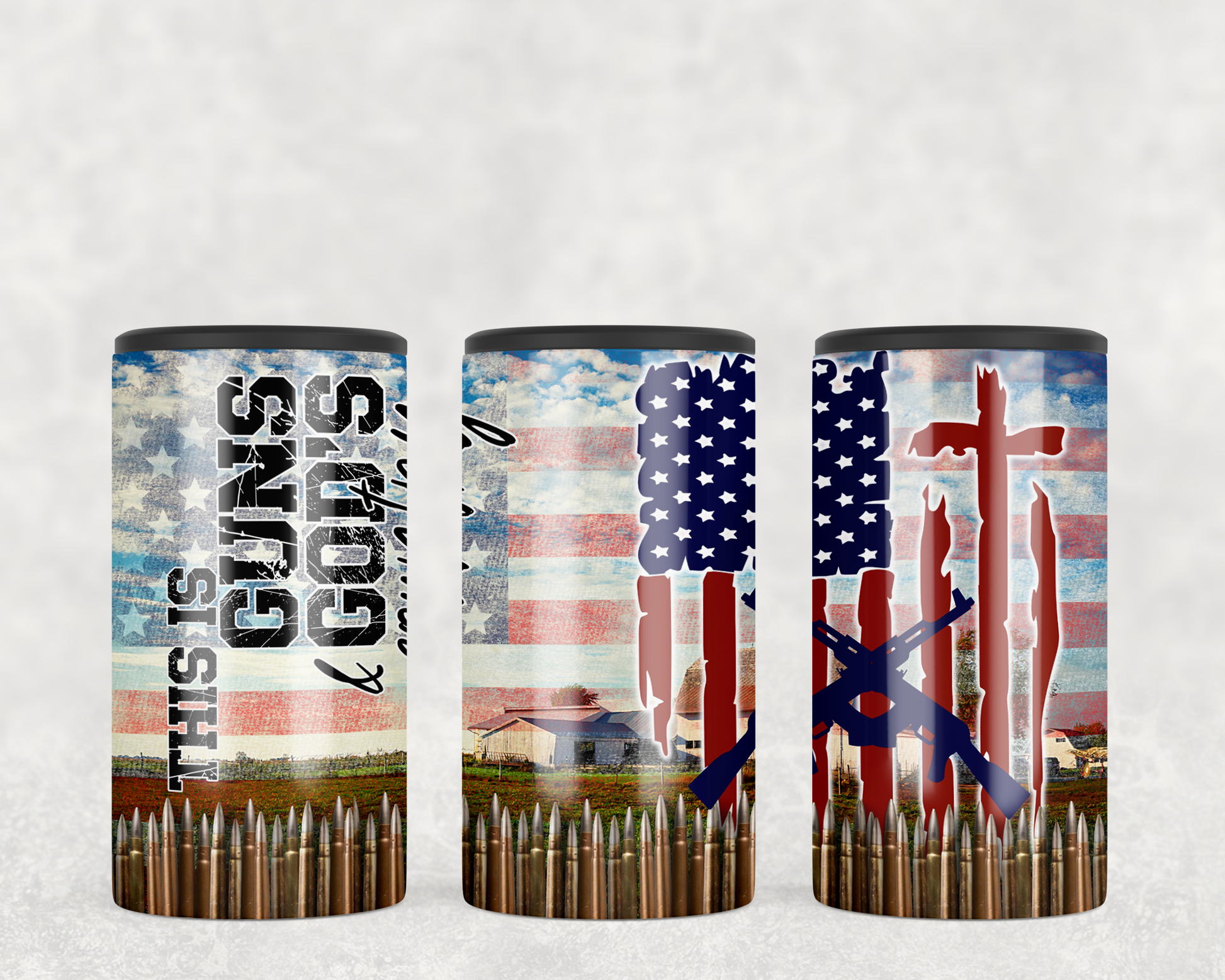 This is guns and God's country 4-in-1 slim can cooler. Design has bullets, guns, AMerican flag and a cross.