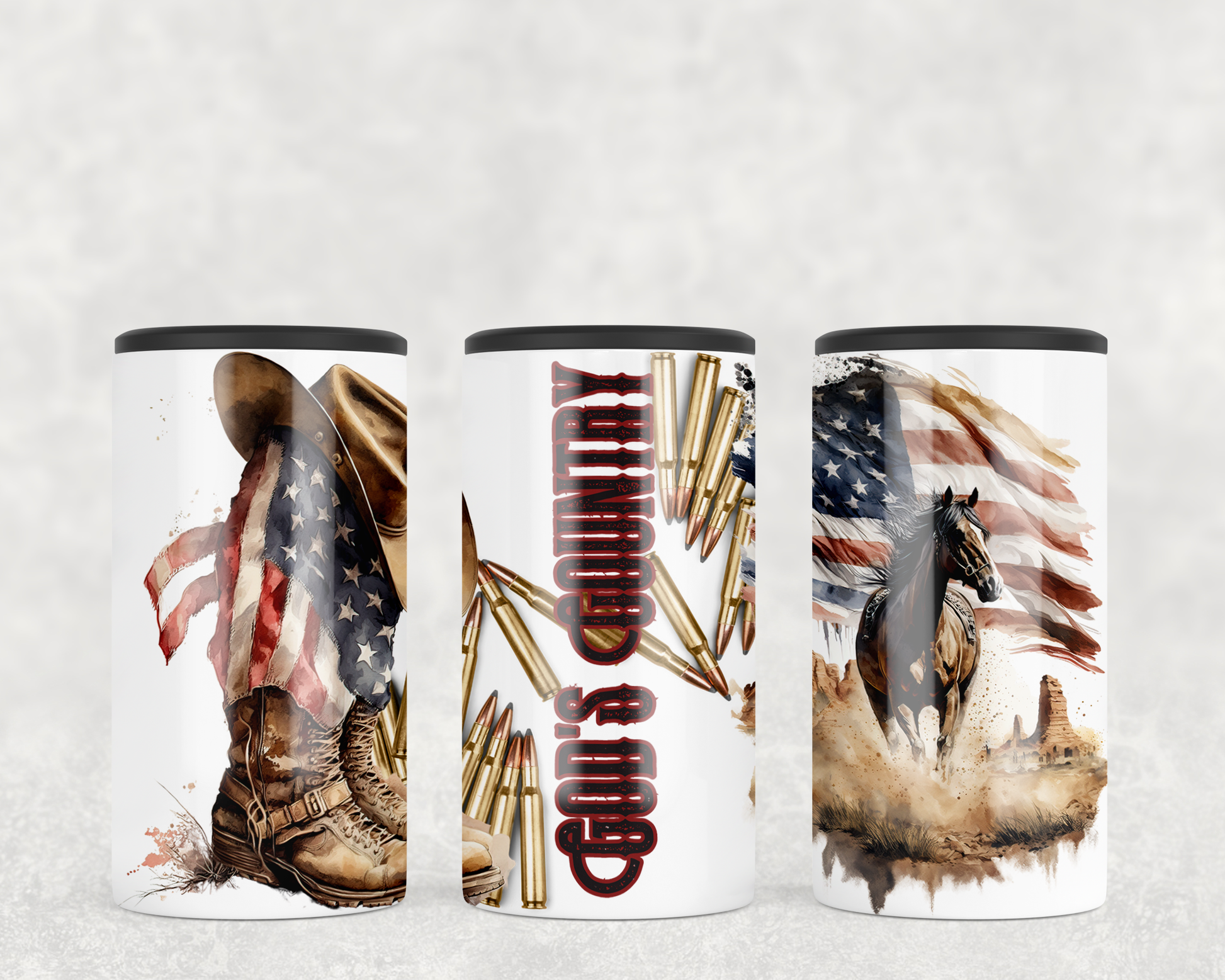 God's country 12 oz. 4-in-1 slim can cooler with a horse, U.S. flag, cowboy hat, bullets on image.