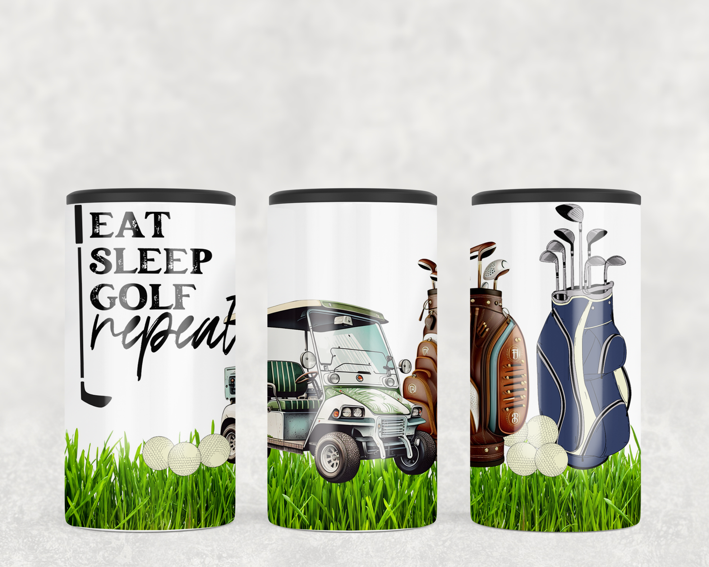 Eat sleep golf repeat 4-in-1 slim can cooler. Design has a golf cart and golf clubs with golf balls in a grassy field.