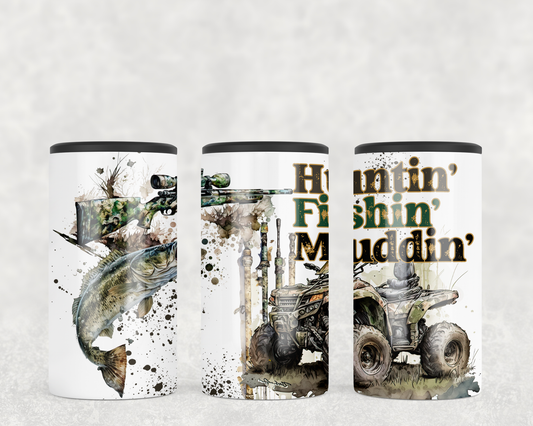 huntin' fishin' mudding 4-in-1 12 oz. slim can cooler. Design has a fish, rifle, fishing rod, and a 4x4. 