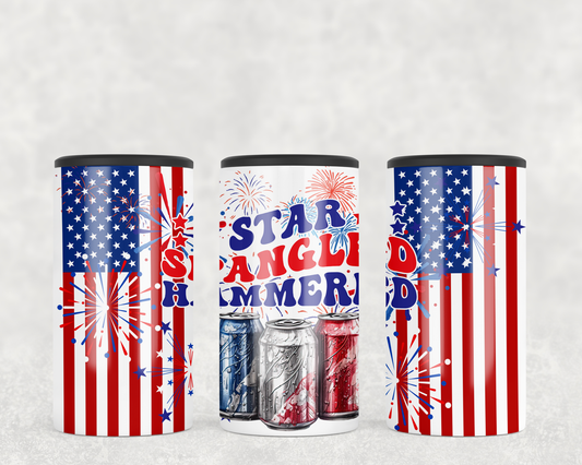 Star spangled hammered 4-in-1 12 0z. slim can cooler. Design is an American flag with fireworks an dred, white, and blue beer cans.