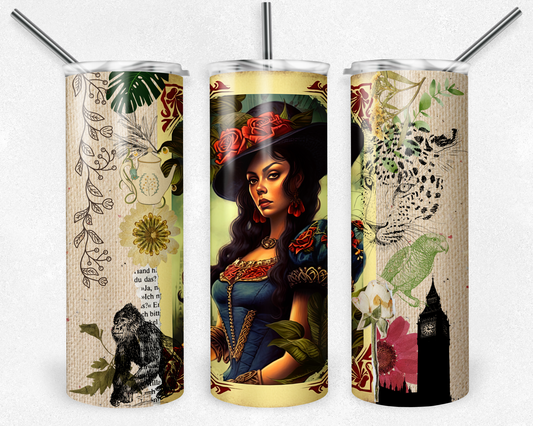 Fairy tale character, jungle animals and London tower on 20 oz. skinny tumbler.