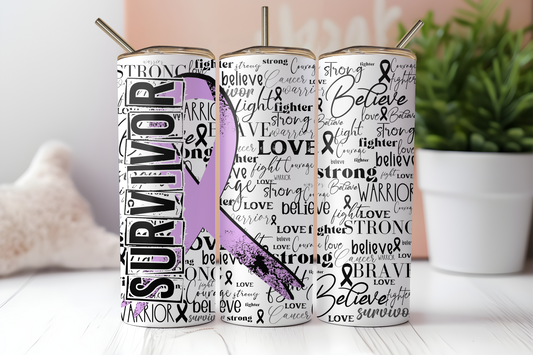 Lavender cancer survivor ribbon 20 oz. skinny tumbler. -Mayan Sub Shop