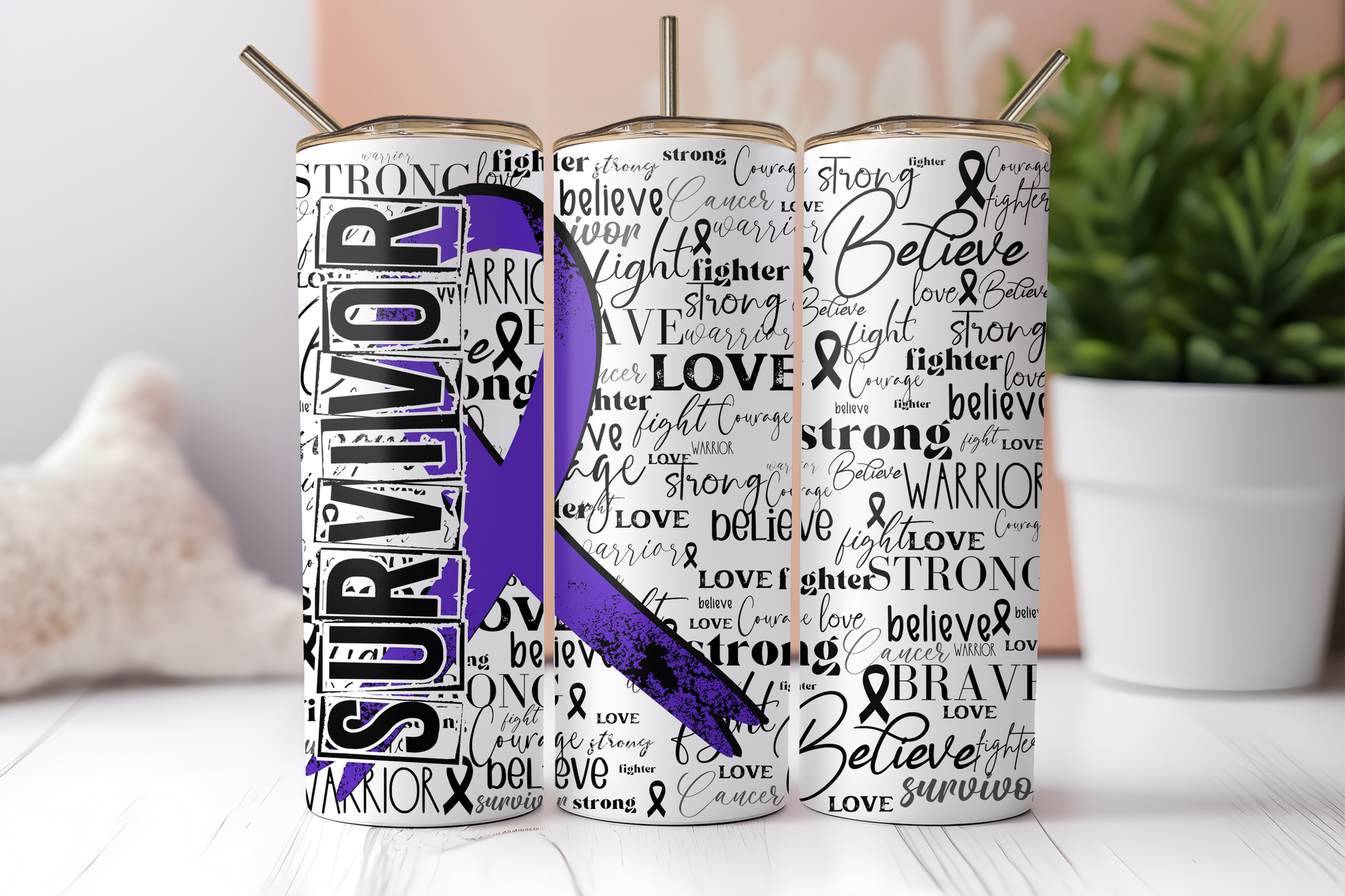 Purple cancer survivor ribbon 20 oz. skinny tumbler. -Mayan Sub Shop