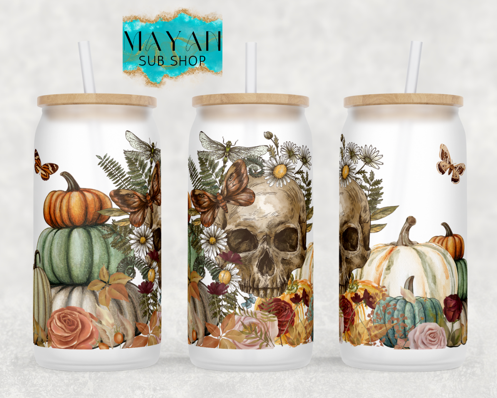 Skull Harvest 16 oz. frosted glass can. -Mayan Sub Shop