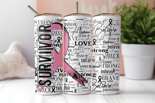 Pink cancer survivor ribbon 20 oz. skinny tumbler. -Mayan Sub Shop