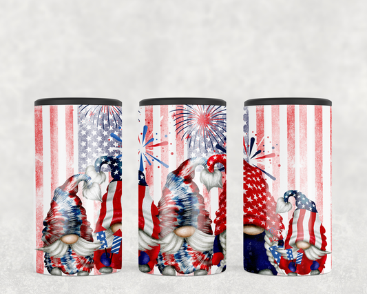 USA gnomes 4-in-1 slim can cooler. Design has gnomes dress in red, white, and blue with the American flag and fireworks in the background.