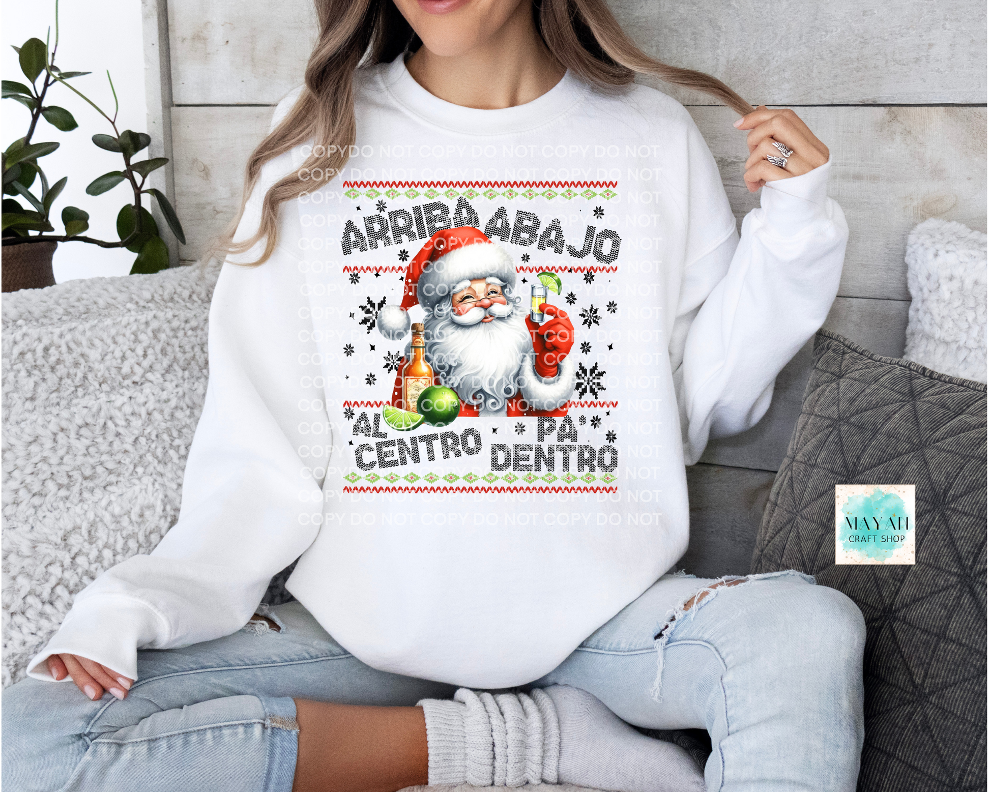 Arriba abajo Santa white sweatshirt. -Mayan Craft Shop