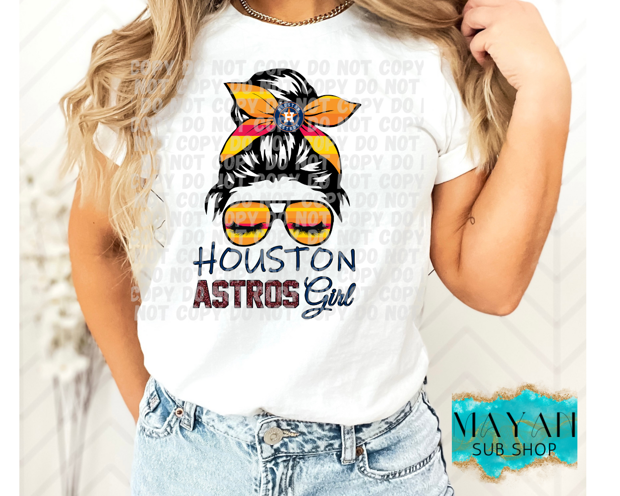 Astros girl messy bun shirt. -Mayan Sub Shop