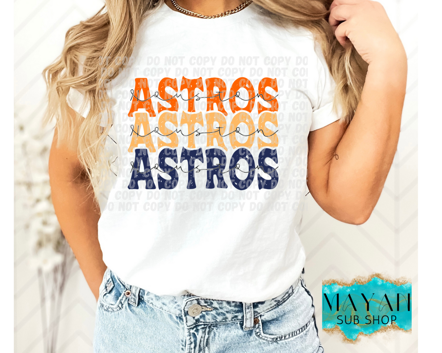 Astros stacked shirt. -Mayan Sub Shop