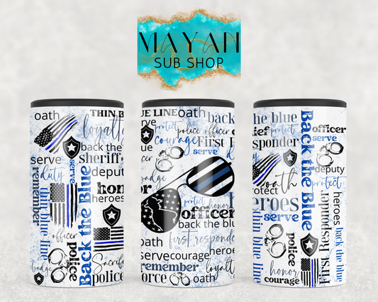Back the blue 12 oz. 4-in-1 can cooler. -Mayan Sub Shop