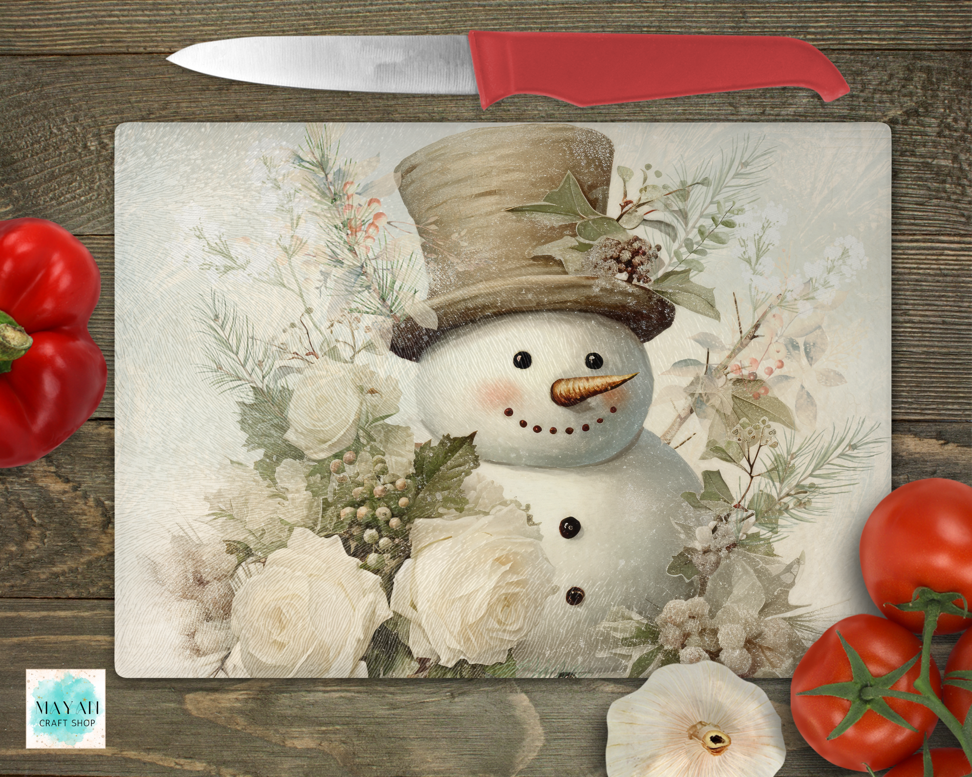 Beige snowman cutting board. -Mayan Craft Shop