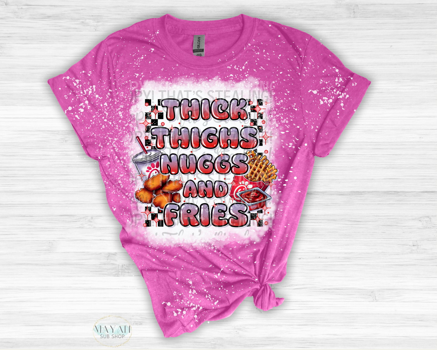 Thick Thighs Nuggs and Fries Bleached Shirt - Mayan Sub Shop