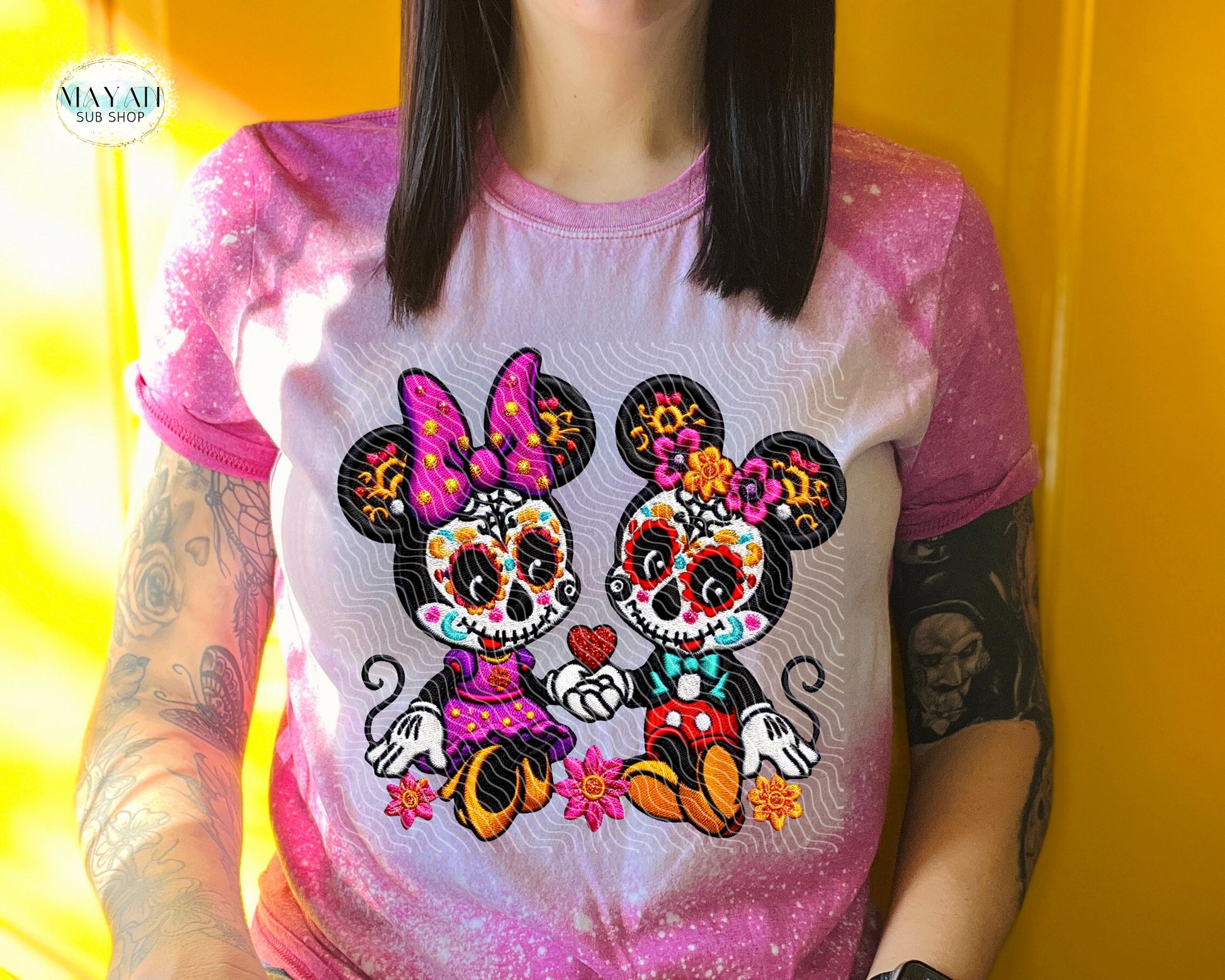 Dia de los muertos mouse heather berry bleached tee. -Mayan Sub Shop