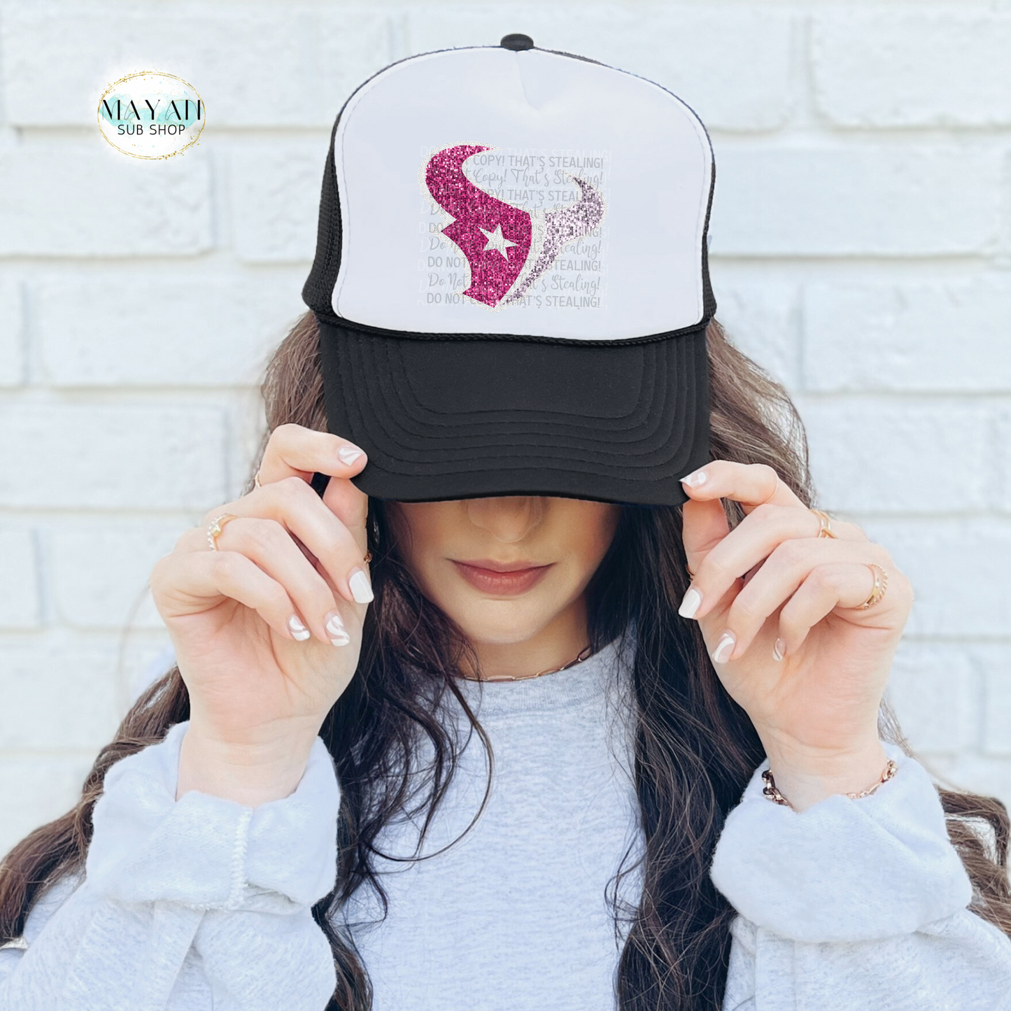 Houston football pink glitter black trucker hat. -Mayan Sub Shop