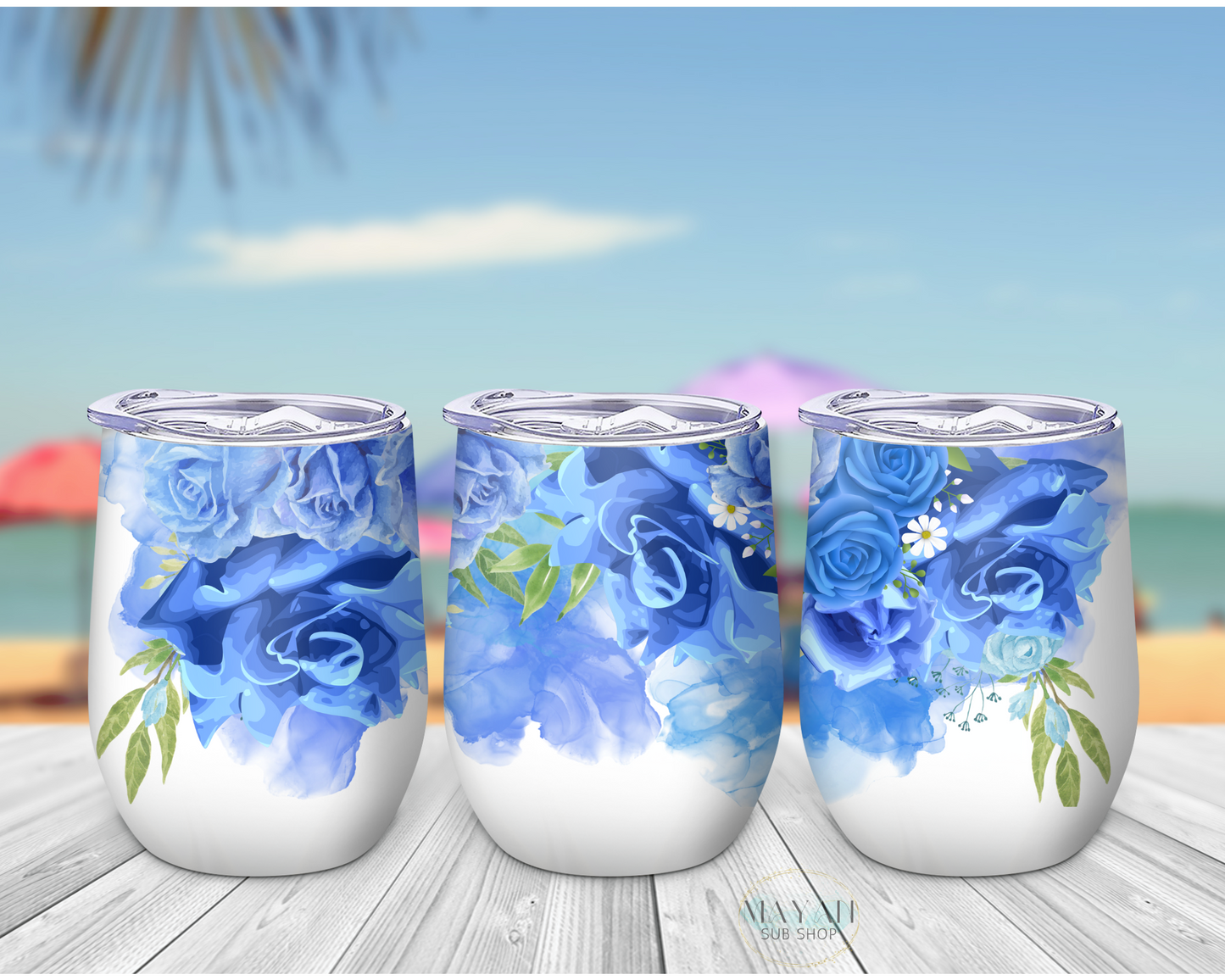 Blue roses wine tumbler. -Mayan Sub Shop