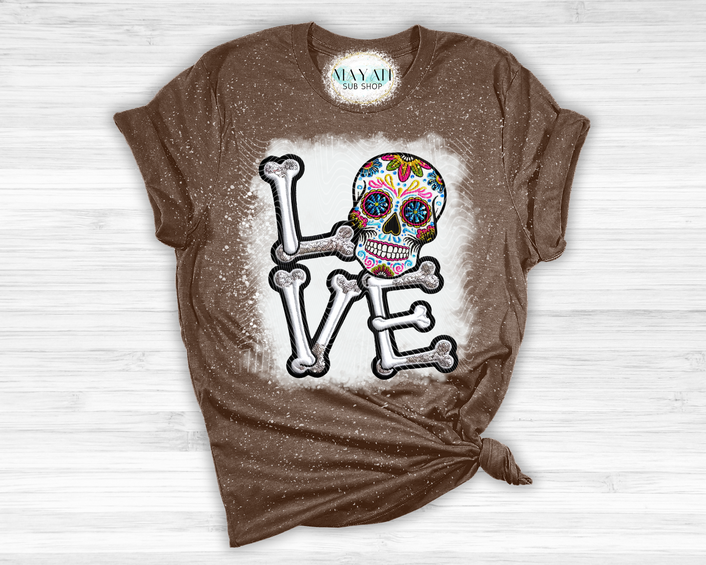 Dia de los muertos love heather brown bleached tee. -Mayan Sub Shop