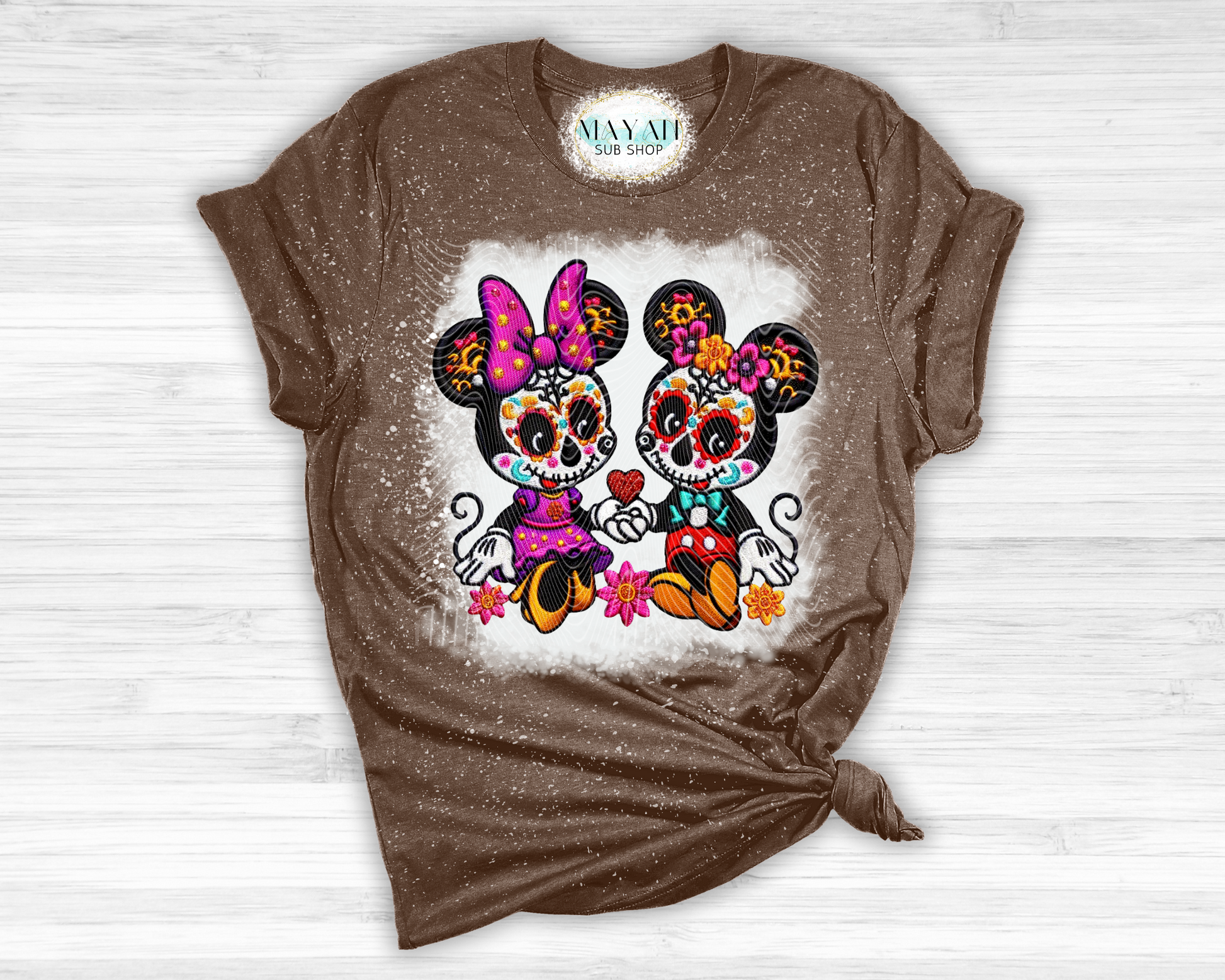 Dia de los muertos mouse heather brown bleached tee. -Mayan Sub Shop