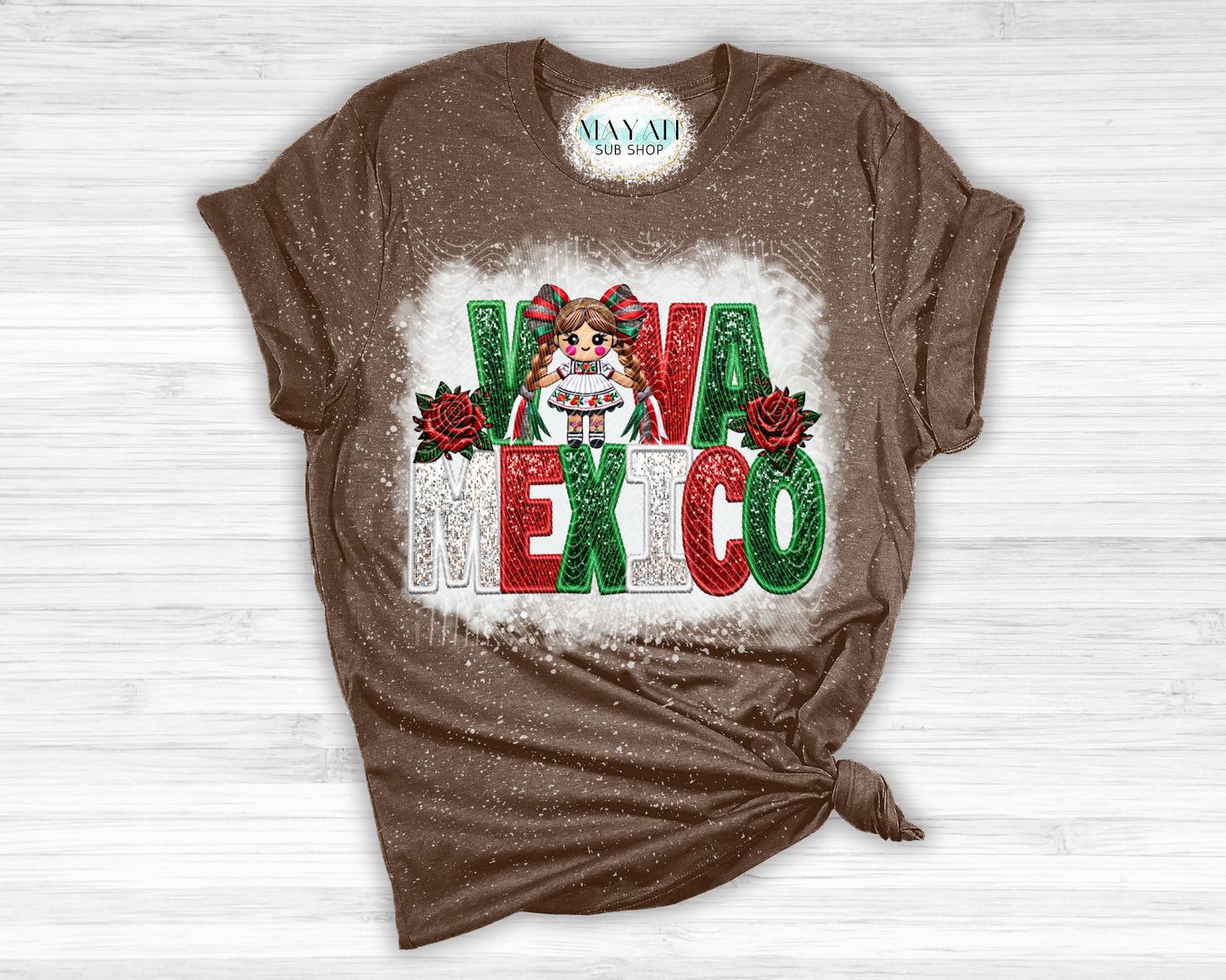 Viva Mexico doll heather brown bleached tee. -Mayan Sub Shop