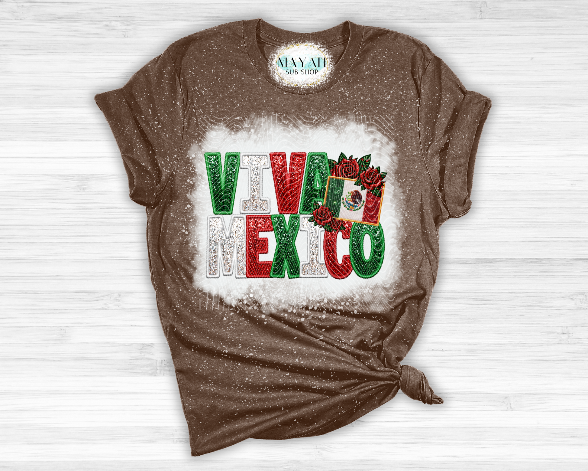 Viva Mexico flag heather brown bleached tee. -Mayan Sub Shop