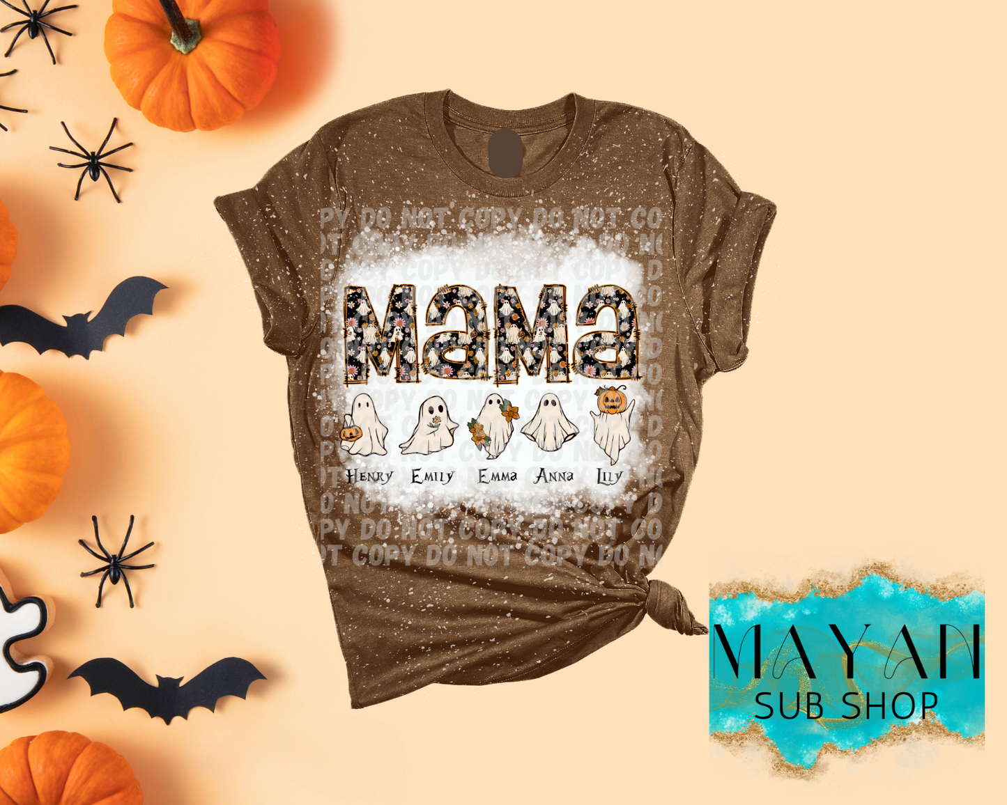 Mama's ghosts in heather brown bleached shirt. -Mayan Sub Shop