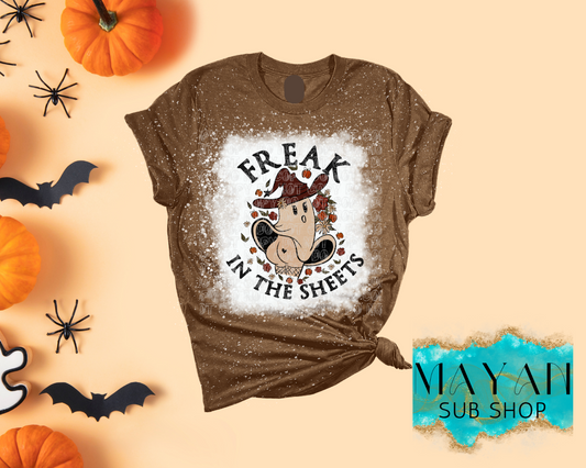 Freak in the sheets in heather brown bleached shirt. -Mayan Sub Shop