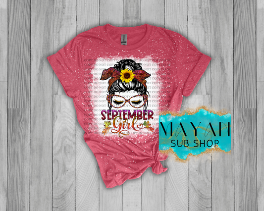 September girl messy bun in heather cardinal bleached shirt. -Mayan Sub Shop
