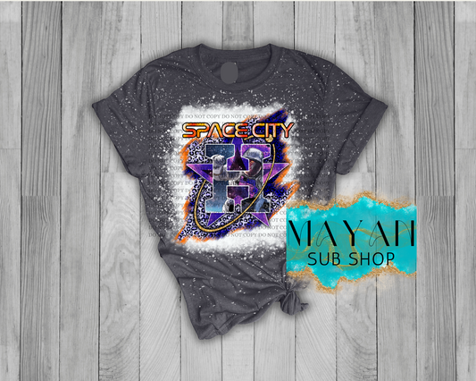 Space City in heather charcoal bleached shirt. -Mayan Sub Shop