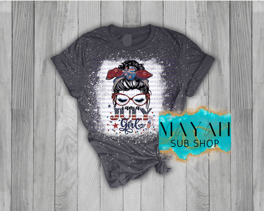 July girl patriotic messy bun in heather charcoal bleached shirt. -Mayan Sub Shop