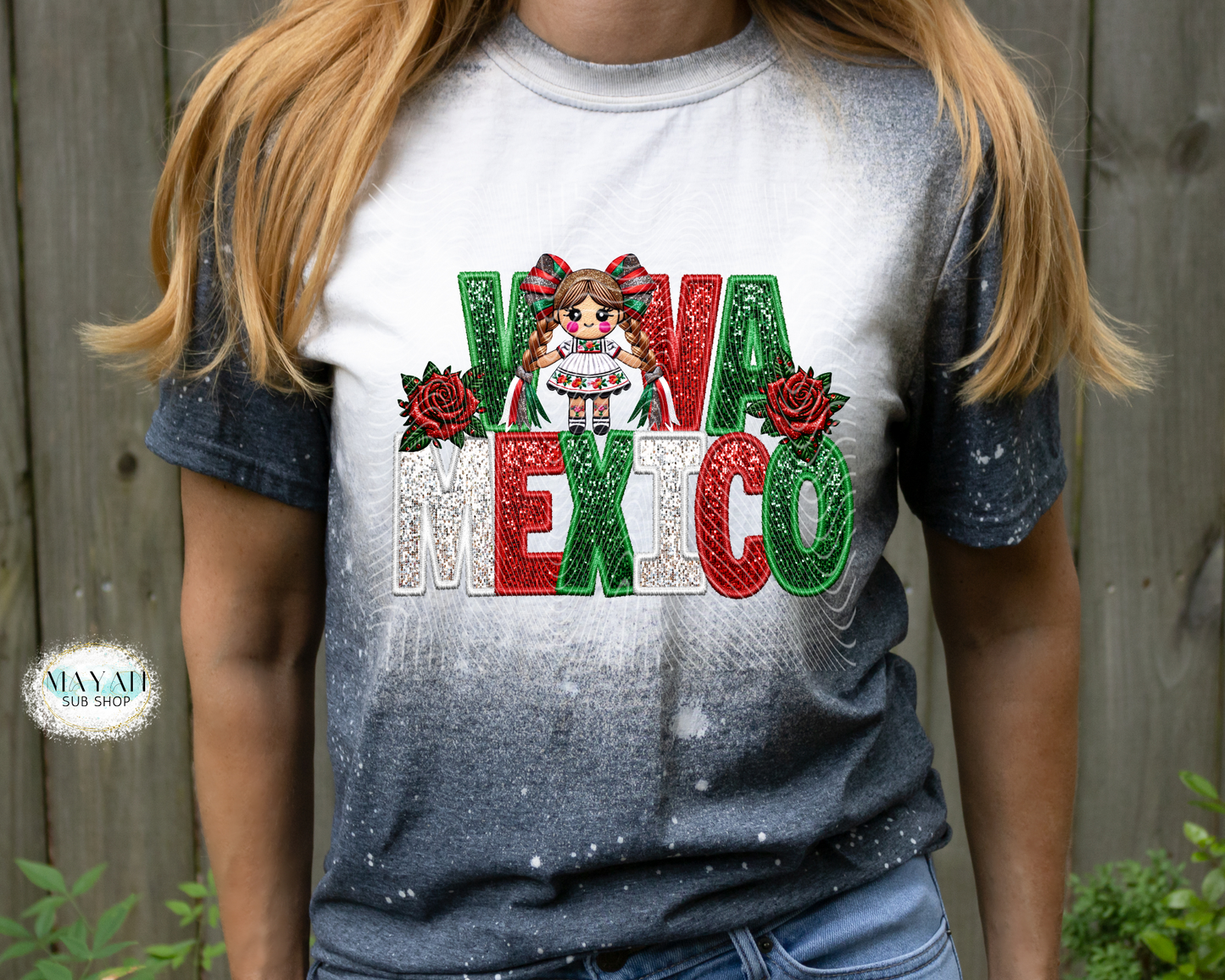 Viva Mexico doll heather charcoal bleached tee. -Mayan Sub Shop