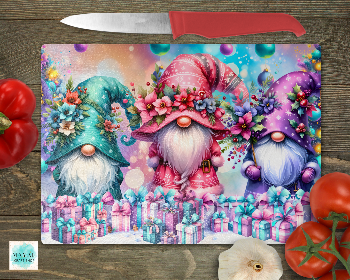 Christmas gnomes cutting board. -Mayan Sub Shop