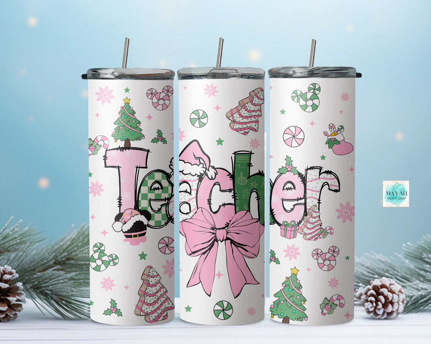 Christmas teacher coquette tumbler. -Mayan Craft Shop