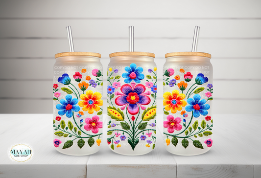 Mexican flowers frosted glass can. -Mayan Sub Shop