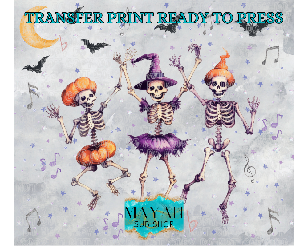 Dancing skeletons TW transfer print. -Mayan Sub Shop